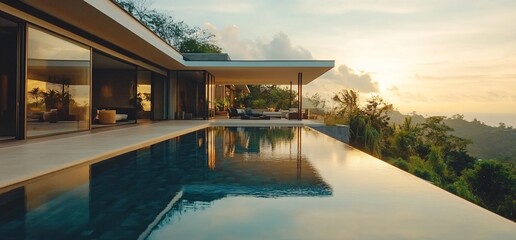 Modern luxury villa with infinity pool overlooking a lush tropical valley at sunset.