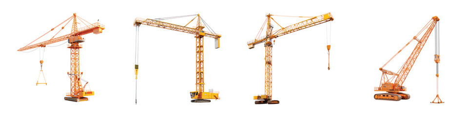 Set of Industrial Construction Cranes Isolated on Transparent Background