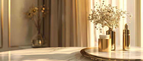 Luxury, marble interior of bathroom with countertop, golden accessories, cosmetics, product bottles, flowers. Showcase. Contemporary hotel design. Generative ai