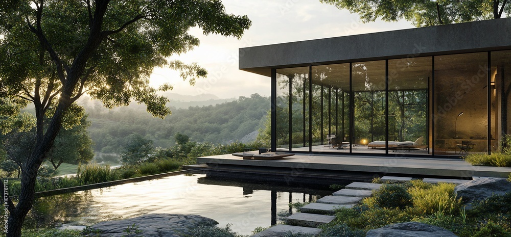 Poster modern minimalist house with a large window overlooking a pond and forest.