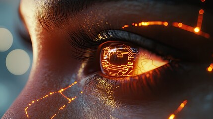 Obraz premium Close-up on human eye with a glowing circuit overlay, futuristic AI concept highlighting cybernetic advancements and digital intelligence.