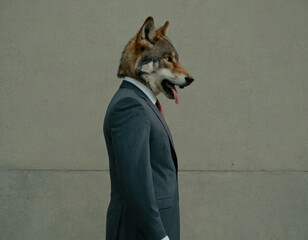 A wolf-headed businessman in a formal suit stands against a concrete wall. This image symbolizes corporate strength, wild instincts in business, and the concept of a lone wolf in leadership.
