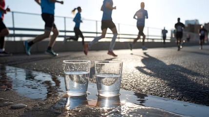 Runners passing by water cups during an outdoor marathon under bright sunlight in a bustling urban environment