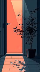 A serene indoor scene featuring a potted plant beside a doorway, with warm light streaming in, casting artistic shadows on the tile floor, creating a tranquil atmosphere.