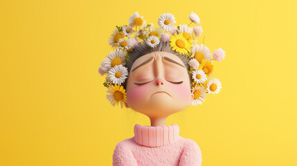 Fototapeta premium A 3D cute female character with a gentle, sad expression and a flower on her head, set against a bright yellow banner. Ideal for stock, perfect for ads, emotional marketing, or website avatars.