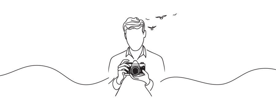 recommend clip art: One line drawing of photographer taking photo with modern digital camera. Journalist or reporter taking pictures. Continuous line drawing, graphic vector illustration