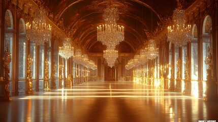 A grand hall with chandeliers, golden pillars, and a marble floor.