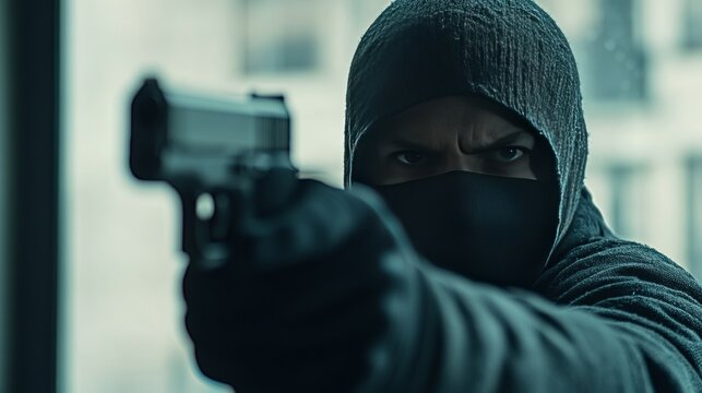 A robber aiming a gun at the camera, representing the threat of crime and violence. 