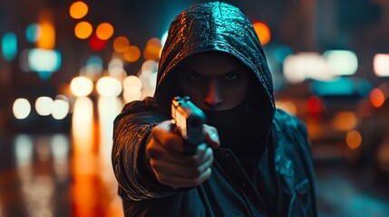 Obraz premium A robber aiming a gun at the camera, representing the threat of crime and violence. 