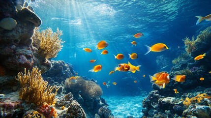 Naklejka premium A school of fish swimming underwater, creating a dynamic ocean scene.