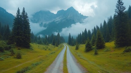 Fototapeta premium A winding dirt road leads through a forest of tall, green pine trees towards a majestic mountain range shrouded in mist.