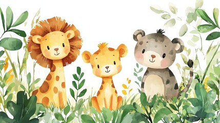 Naklejka premium Cute Pastel Animals in a Lush Background