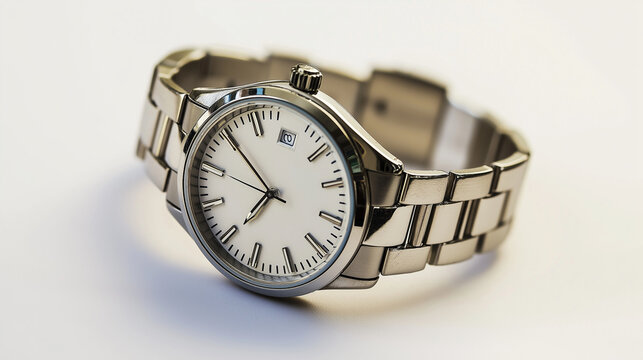 A shiny silver wristwatch with a metal band, on a white background