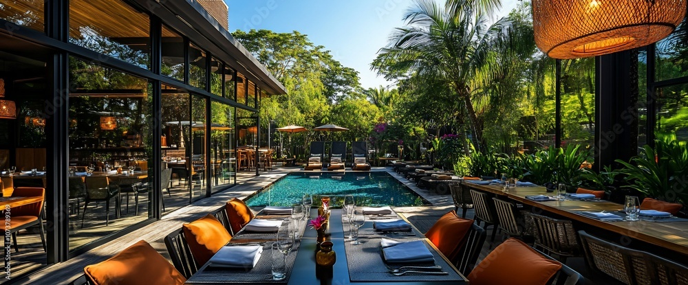 Aufkleber outdoor dining area with a swimming pool and lush greenery, featuring a table set for two with orang