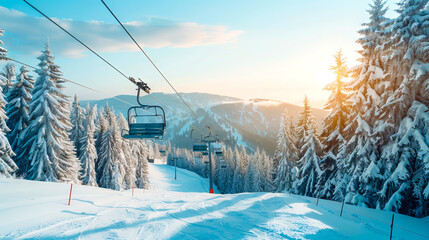 Obraz premium Empty Ski Lift Ascending Snowy Mountain Under a Clear Blue Sky. Concept of Winter Adventure, Mountain Excursion, Ski Resort Serenity, and Peaceful Winter Landscape