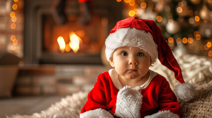 Charming Baby in Santa Claus Costume by Cozy Fireplace, Embracing Holiday Spirit, Warmth, and Festive Cheer. Copy space