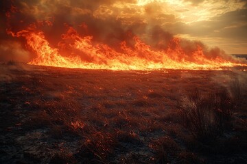 Fototapeta premium Intense wildfire devours dry grasslands under dramatic sunset skies