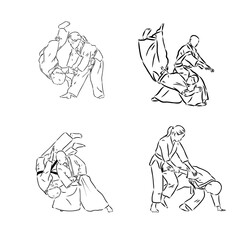 Aikido combat between athletes, stylized vector illustration