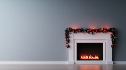 A cozy fireplace decorated with red ornaments, garland, and glowing lights, creating a festive atmosphere for the holidays