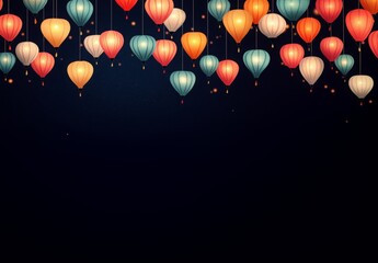 Vibrant display of colorful lanterns glowing in the dark, creating a festive and magical ambiance against a dark background