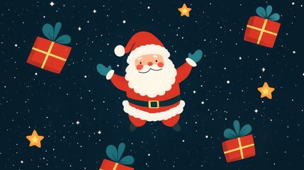 Festive illustration of Santa Claus surrounded by red gift boxes, golden stars, and a starry night sky, spreading holiday cheer