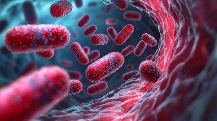 Microscopic visualization of red bacteria floating inside a human body, showcasing detailed textures and a dynamic biological environment