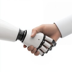 Close-up of a human hand shaking a white robotic hand, symbolizing collaboration and harmony between humans and artificial intelligence