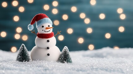 Cheerful snowman wearing a red and blue hat and scarf, surrounded by sparkling snow, fairy lights, and miniature pine trees