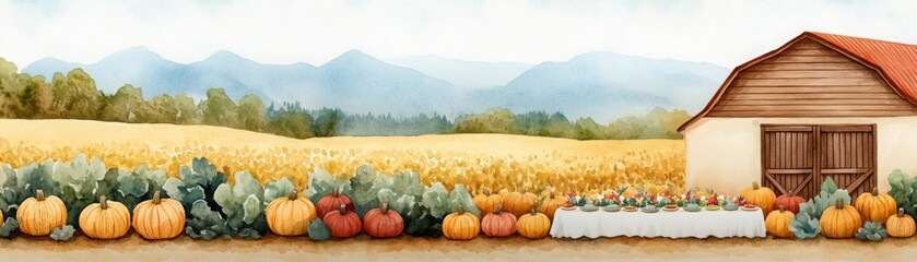 A scenic harvest festival setup featuring pumpkins, a rustic barn, fields of crops, and a table laden with autumn treats