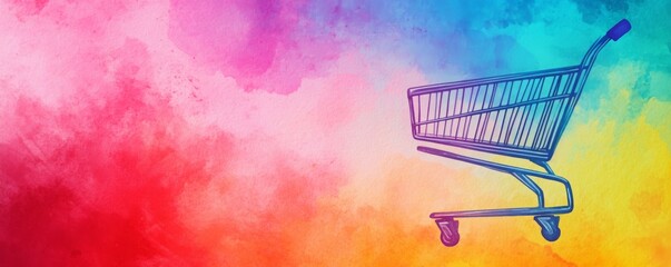 A stylized shopping cart on a colorful watercolor gradient background, symbolizing retail, online shopping, and consumerism in modern design
