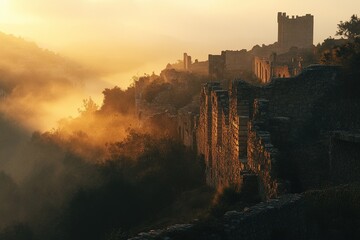 Fototapeta premium Ancient Ruins on a Hill at Sunset.
