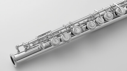 Fototapeta premium A sleek silver flute with detailed keys, lying horizontally on a white background