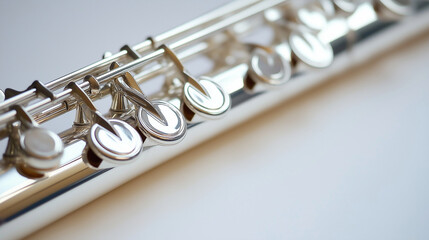 Obraz premium A sleek silver flute with detailed keys, lying horizontally on a white background