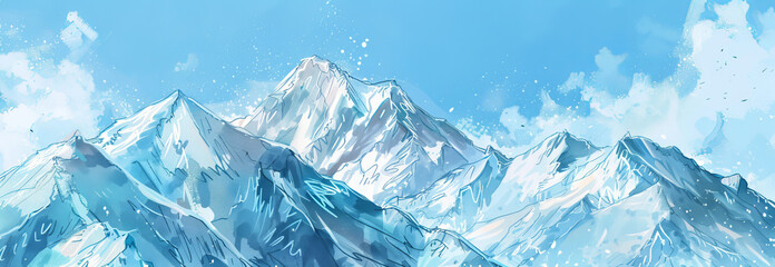 Watercolor Illustration of Snowy Mountain Peaks Under a Clear Blue Sky - Concept of Nature's Majesty, Winter Serenity, and Scenic Landscapes. Banner