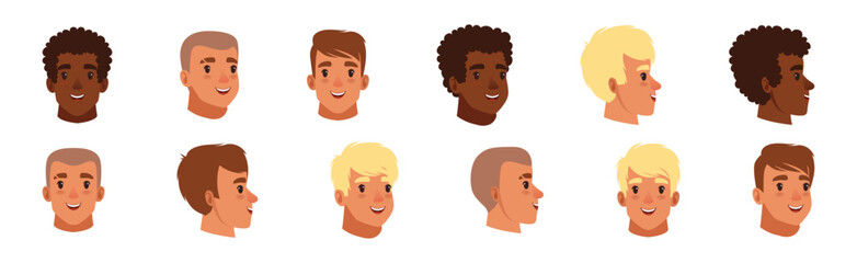 Man Smiling Face Head with Different Hairstyle Vector Set