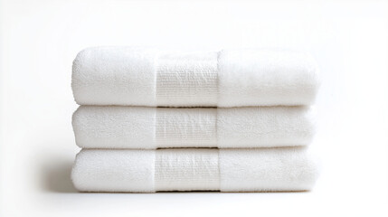 A stack of three clean white towels, neatly folded, sitting on a white background
