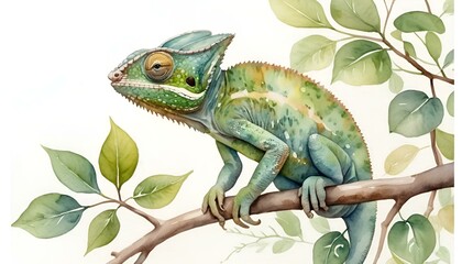 Detailed watercolor illustration of a green chameleon sitting on a branch among leaves
