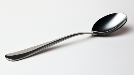 A stainless steel spoon with a smooth finish, placed diagonally on a white background