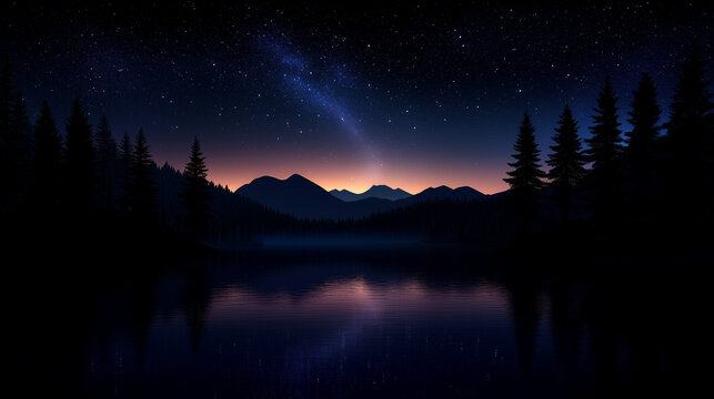Mountain lake surrounded by pine trees under a starry sky at twilight