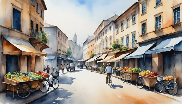 Fototapeta Watercolor painting of a European street with shops and a bicycle   