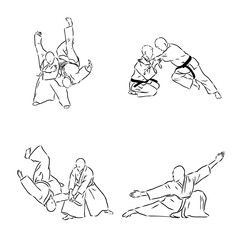 Aikido combat between athletes, stylized vector illustration