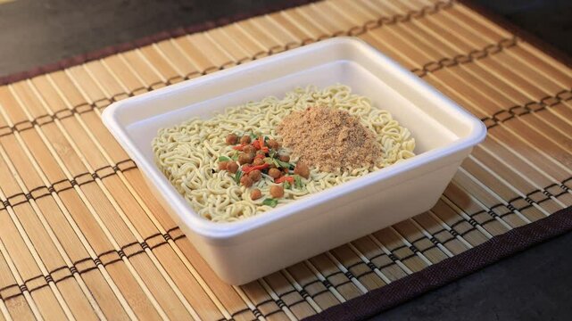 Pouring hot water into instant noodles cup. Close-up shot. Brew Korean noodles.