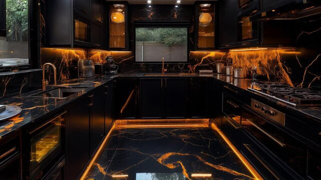 A sleek modern kitchen with black cabinetry, gold accents, and a black and gold veined marble countertop and floor. The backsplash features LED lighting. 