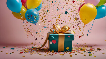Festive Gift Surprise: Teal gift box with golden ribbon, surrounded by colorful balloons and confetti, creating a joyous and celebratory atmosphere. Perfect for birthday, anniversary.