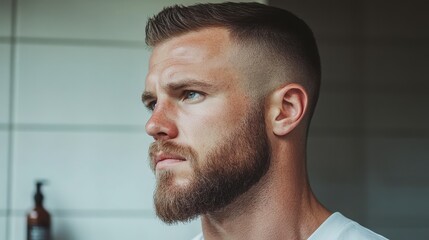 Obraz premium A close-up portrait of a man with a well-groomed beard and stylish haircut, conveying confidence and masculinity, Ideal for use in grooming articles, lifestyle blogs, and promotional materials,