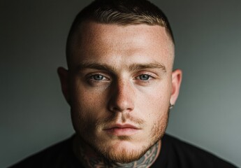 Obraz premium A close-up shot of a serious-looking young man with tattoos, highlighting his facial features and intense gaze, This image can be used in articles about personal identity, masculinity