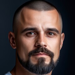 Fototapeta premium A close-up portrait of a man with a well-groomed beard and intense expression, emphasizing facial features and skin texture, suitable for personal branding, lifestyle blogs, or male grooming content,