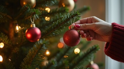 Hand Hanging Red Bauble on Decorated Christmas Tree with Bokeh Lights in the Background.