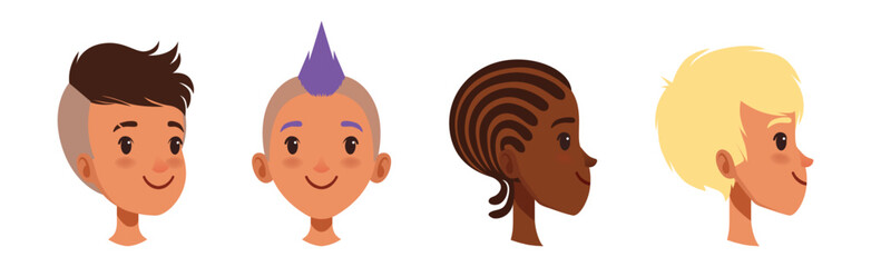 Teen Boy Smiling Face Head with Different Hairstyle Vector Set