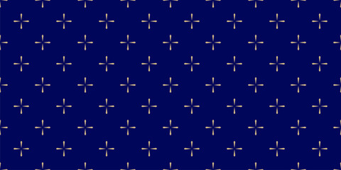 Golden vector seamless pattern with small shiny star shapes, crosses, floral silhouettes, snowflakes. Simple minimalist geometric background. Abstract dark blue and gold texture. Luxury repeat design